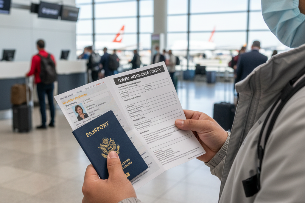Traveler showing passport and travel insurance form at airport.