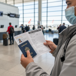 Traveler showing passport and travel insurance form at airport.