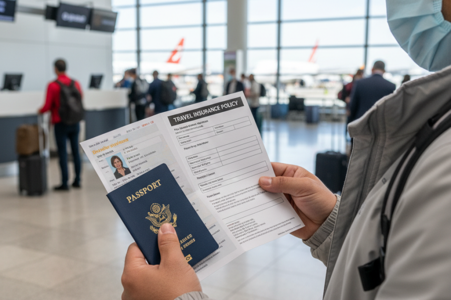 Traveler showing passport and travel insurance form at airport.