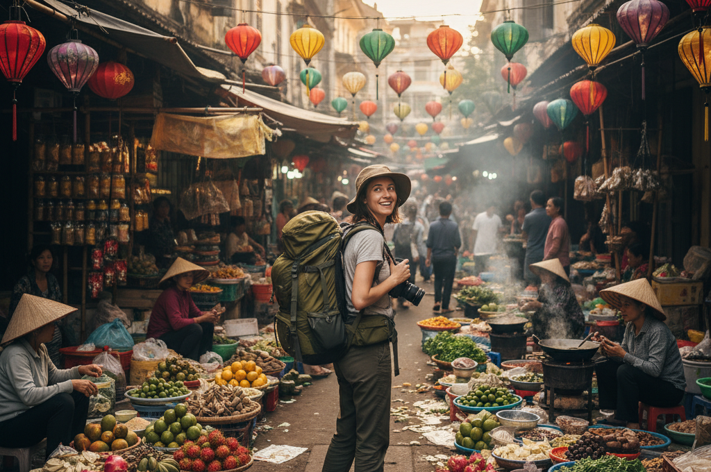 Budget traveler exploring local markets in Vietnam. It is one of the countries under budget