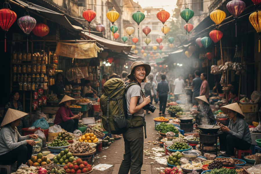 Budget traveler exploring local markets in Vietnam. It is one of the countries under budget