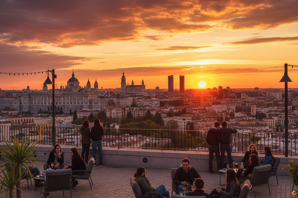Digital nomads enjoying the sunset in Madrid, Spain