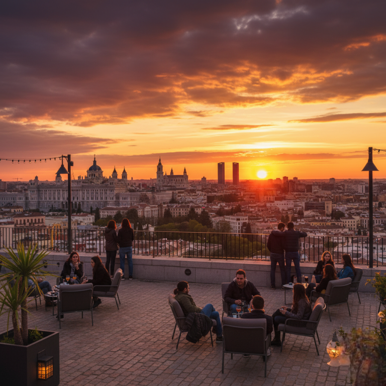 Digital nomads enjoying the sunset in Madrid, Spain