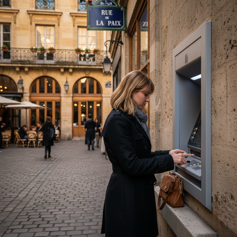 Traveler withdrawing local currency abroad.Currency exchange tips.