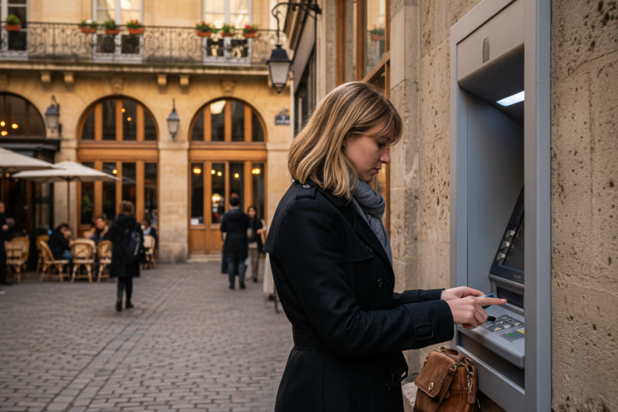 Traveler withdrawing local currency abroad.Currency exchange tips.