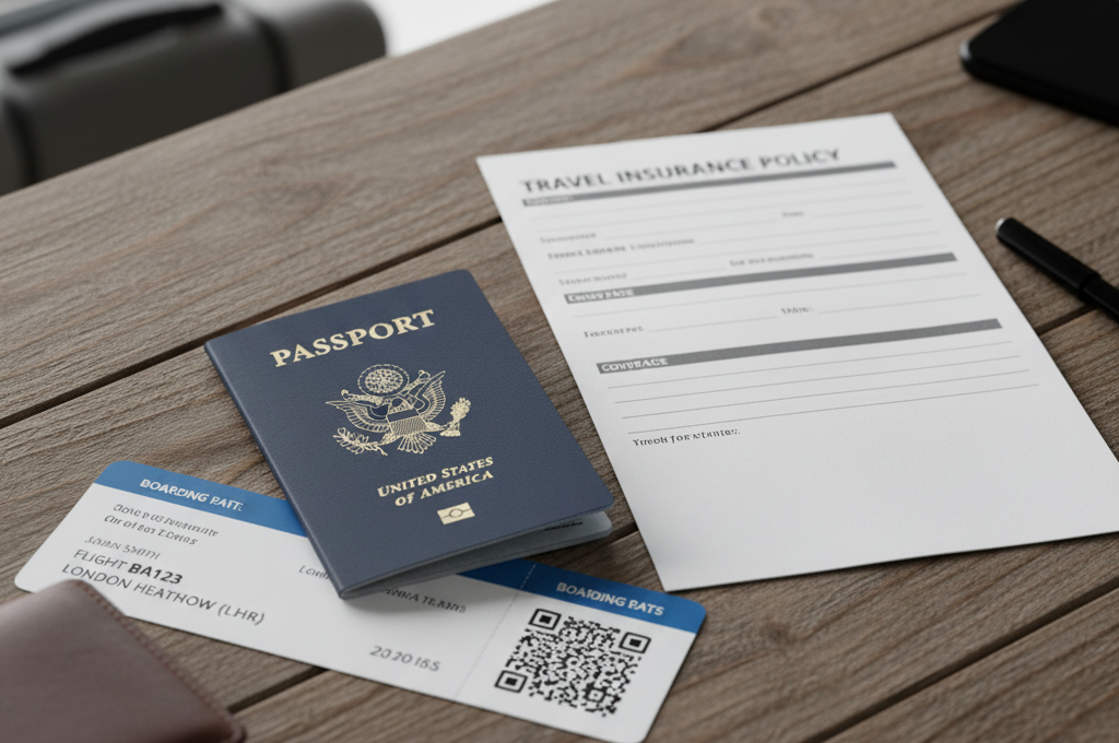 Travel insurance form with passport and airplane ticket for trip abroad.