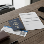 Travel insurance form with passport and airplane ticket for trip abroad.