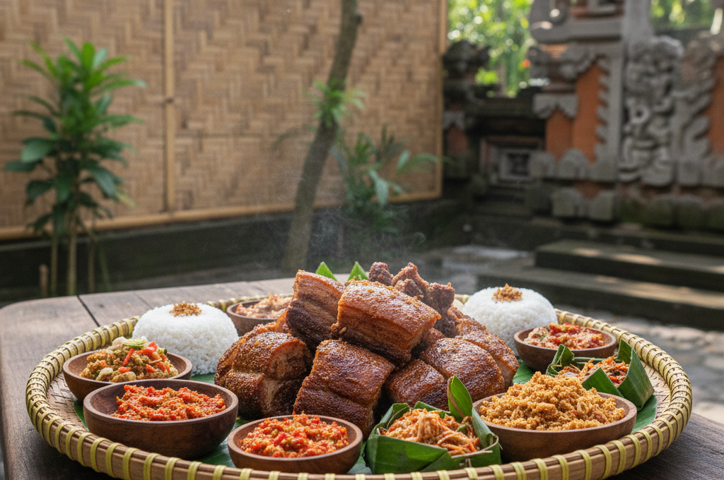 Traditional Babi Guling served with rice and sambal in Bali