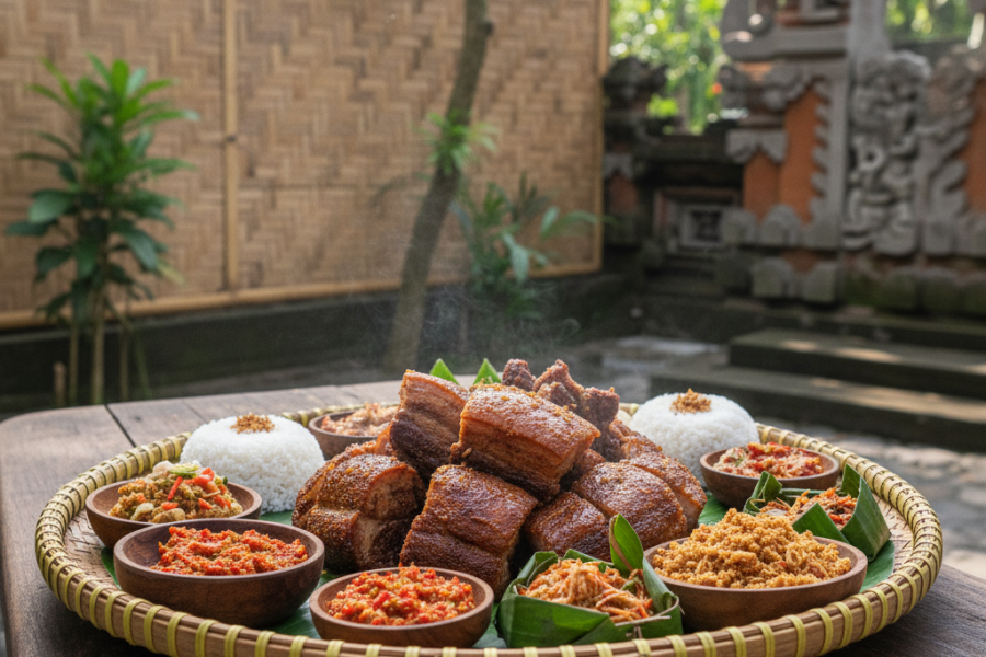 Traditional Babi Guling served with rice and sambal in Bali