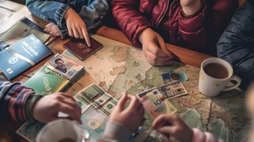 Traveler planning trip abroad with cash, passport, and travel map.