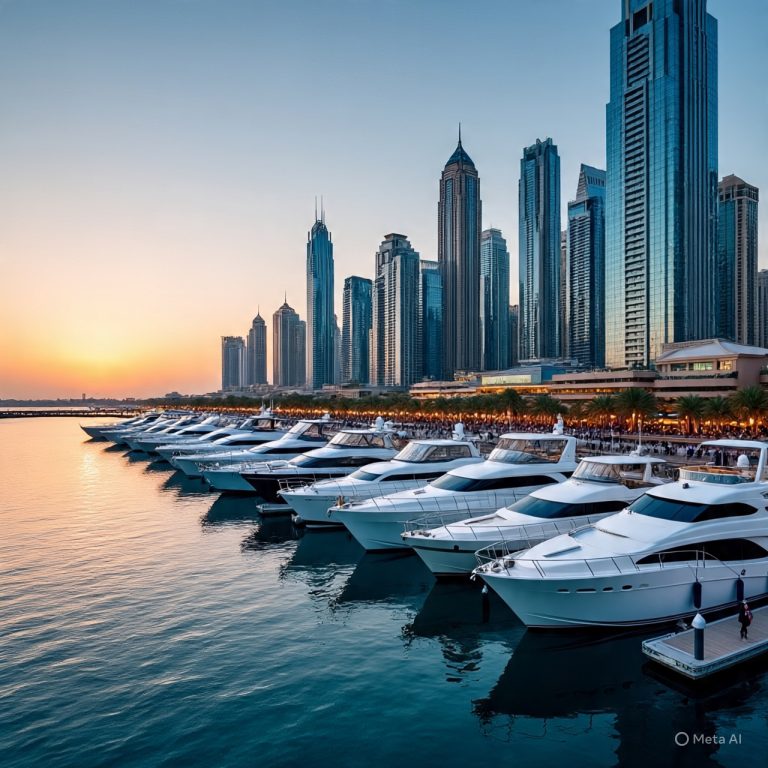 Dubai Marina skyline with yachts and waterfront
