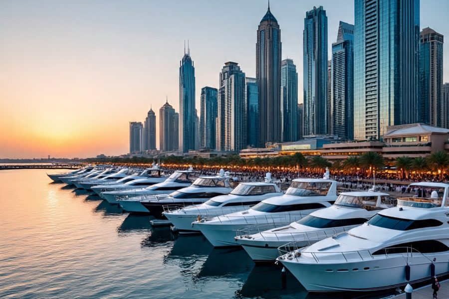 Dubai Marina skyline with yachts and waterfront
