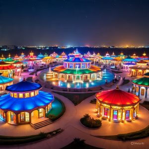Global Village Dubai night view with colorful pavilions