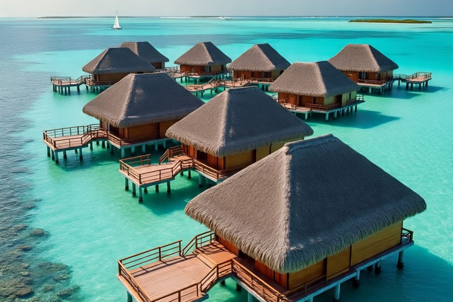 Exotic island vacation in Maldives with overwater villas and turquoise lagoons