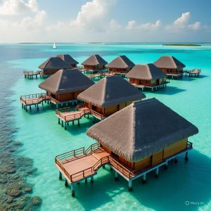 Maldives with overwater villas and turquoise lagoons.