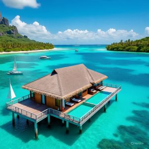  island vacation in Bora Bora with turquoise lagoon and luxury villas