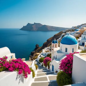 Exotic island vacation in Santorini with whitewashed houses and blue domes