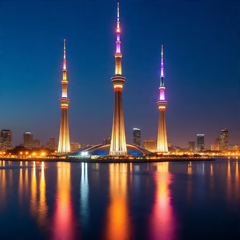 Flame Towers of Baku lit up at night with LED lights
