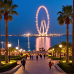 Flame Towers of Baku lit up at night with LED lights
