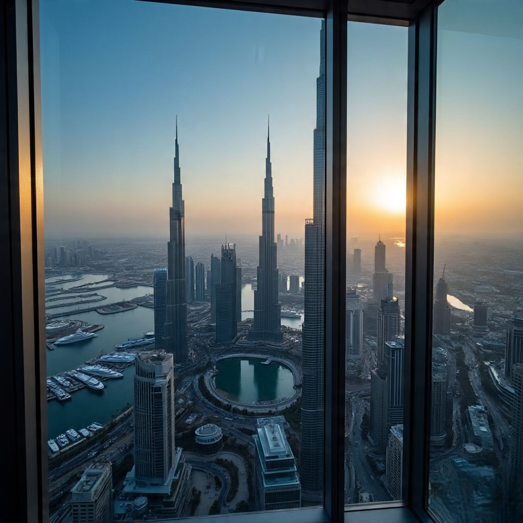 Dubai city view from Burj Khalifa At the Top observation deck