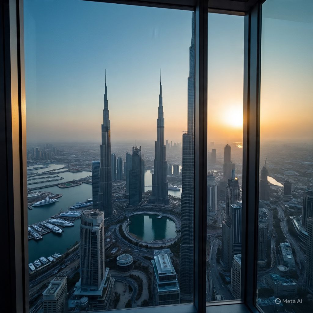 Dubai city view from Burj Khalifa At the Top observation deck