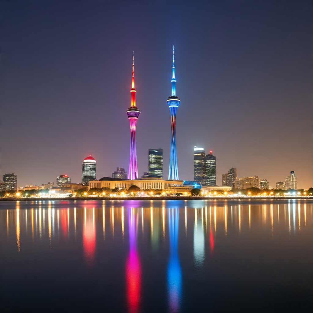 Modern Baku skyline with Flame Towers lit at night, Azerbaijan travel 2026