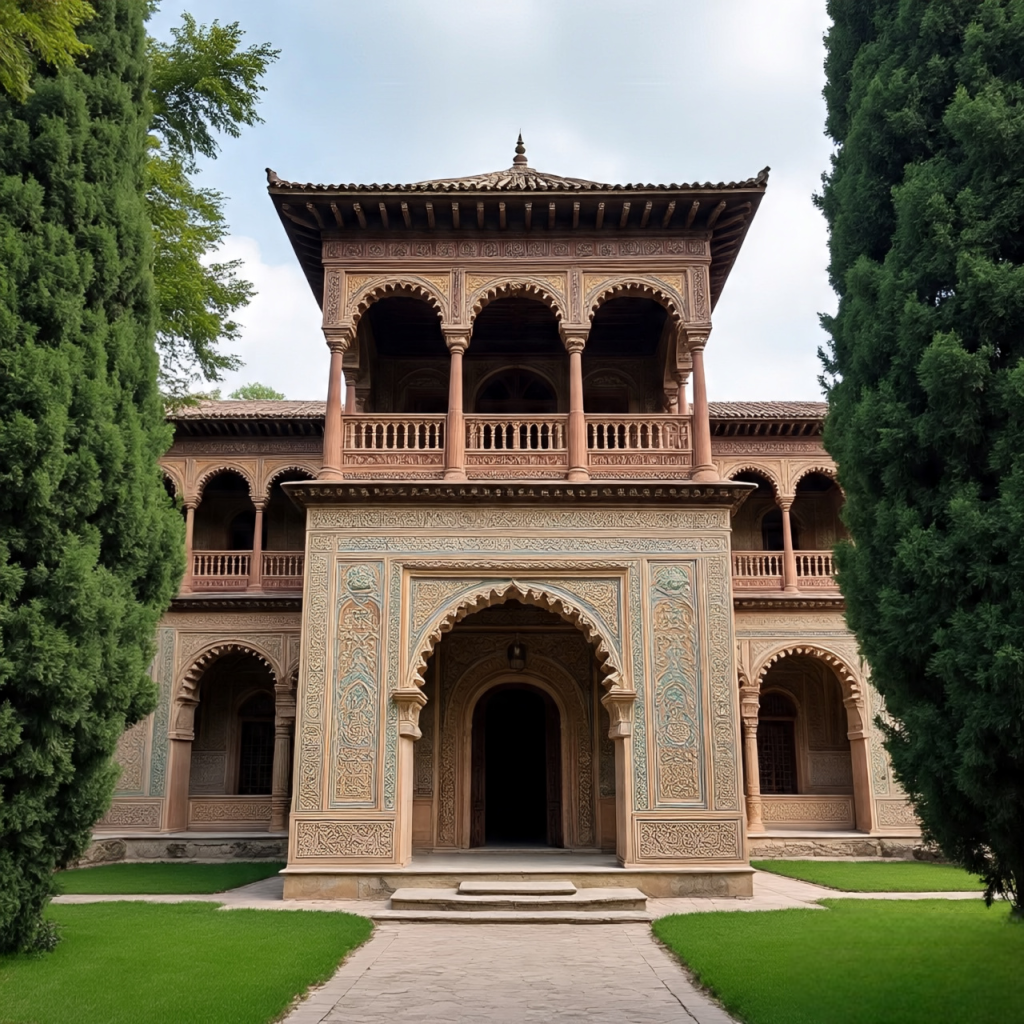 Sheki Khan Palace with traditional Azerbaijani architecture and colorful glass windows