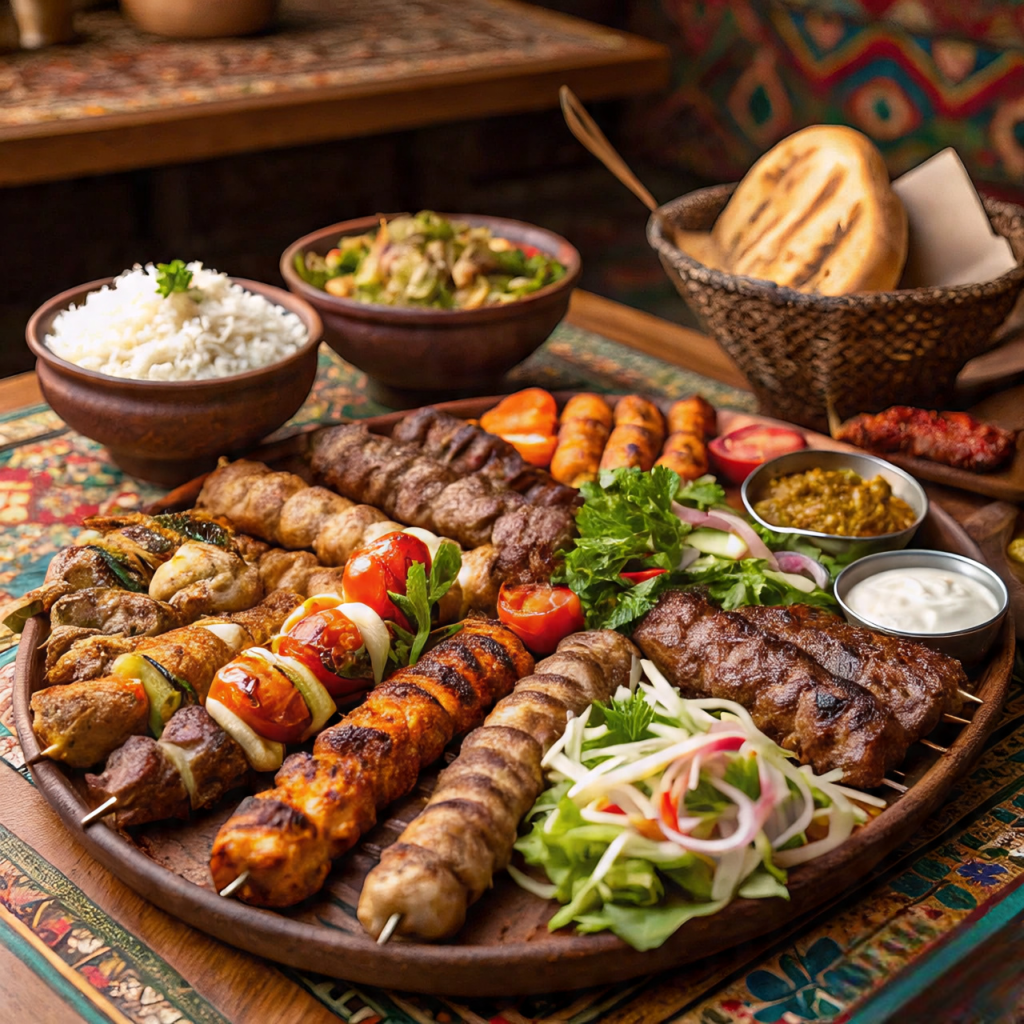 Traditional Azerbaijan food including plov, dolma, qutab, and kebabs.azerbaijan travel 2026