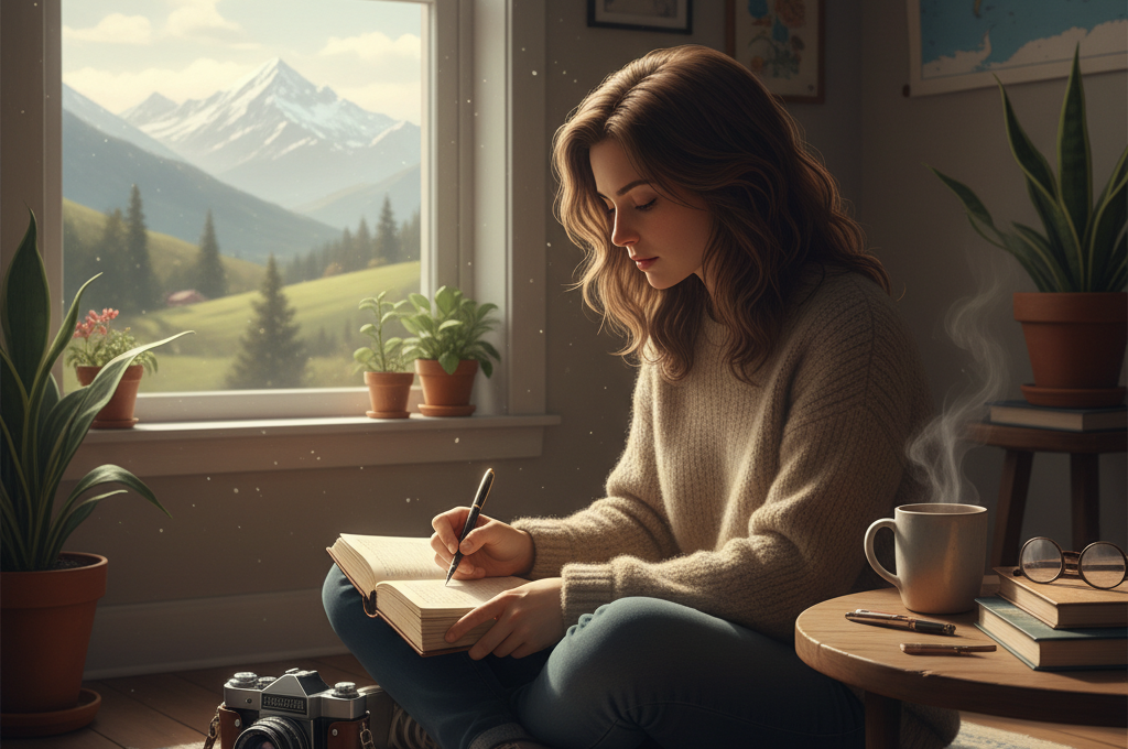 traveller writing in travel journal