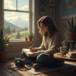 traveller writing in travel journal