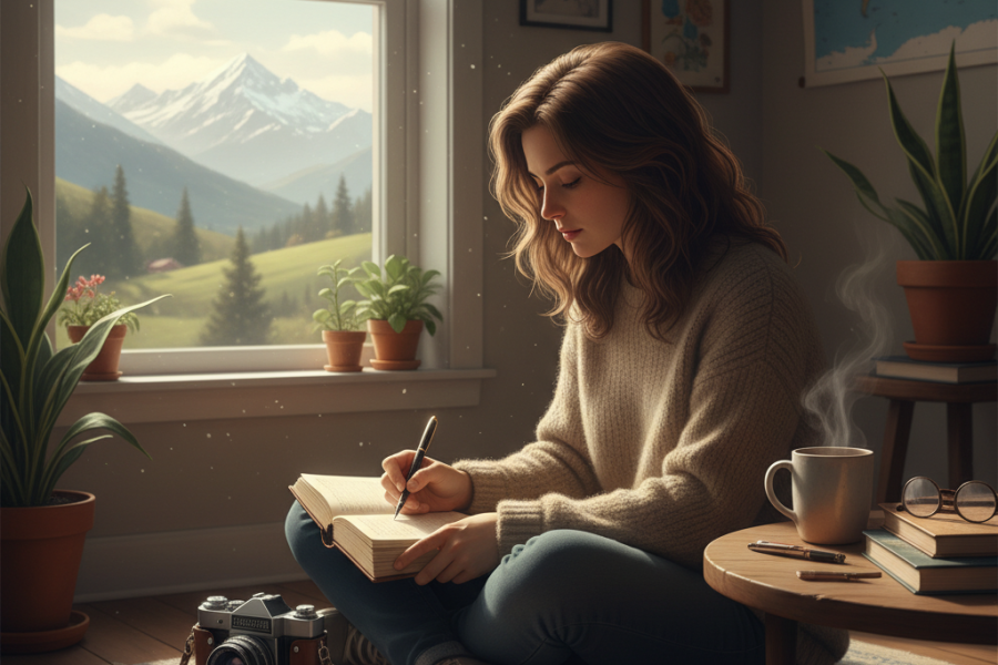 traveller writing in travel journal