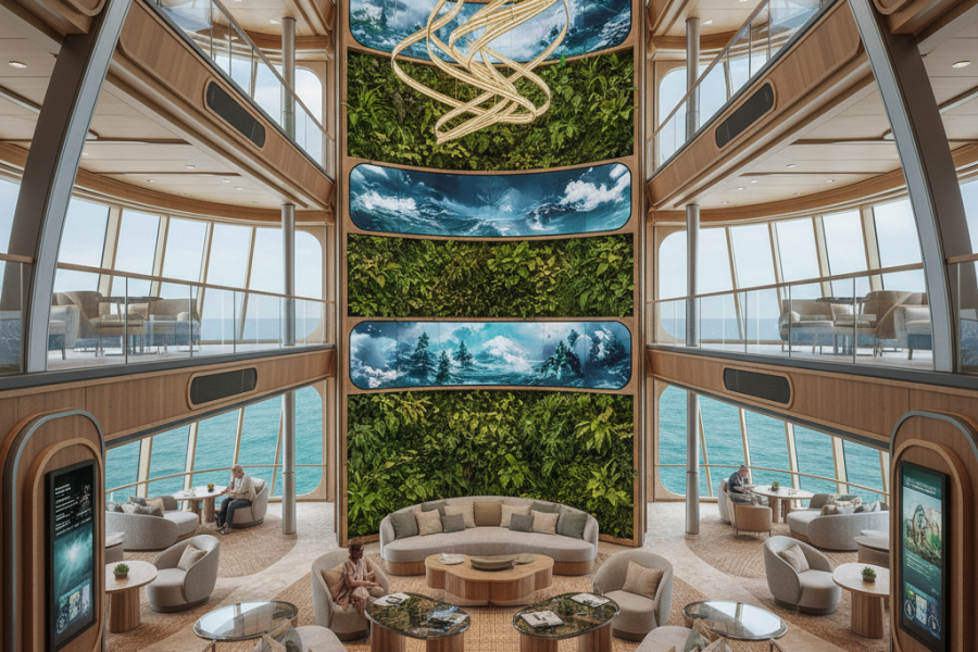 Modern cruise travel sustainable ship interior 2026