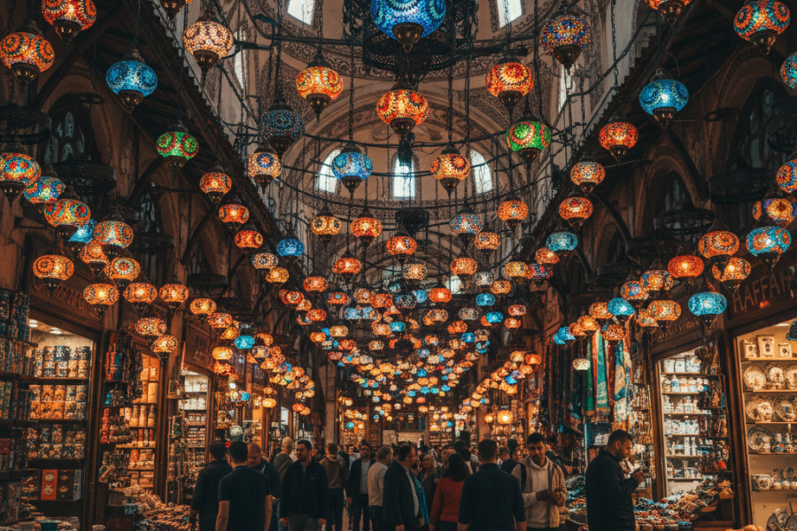 Colorful lamps and shops inside the Grand Bazaar during Istanbul shopping