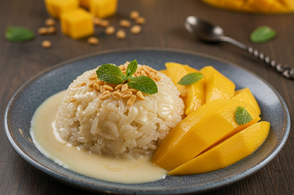 Traditional Thai mango sticky rice dessert served with coconut milk in Phuket