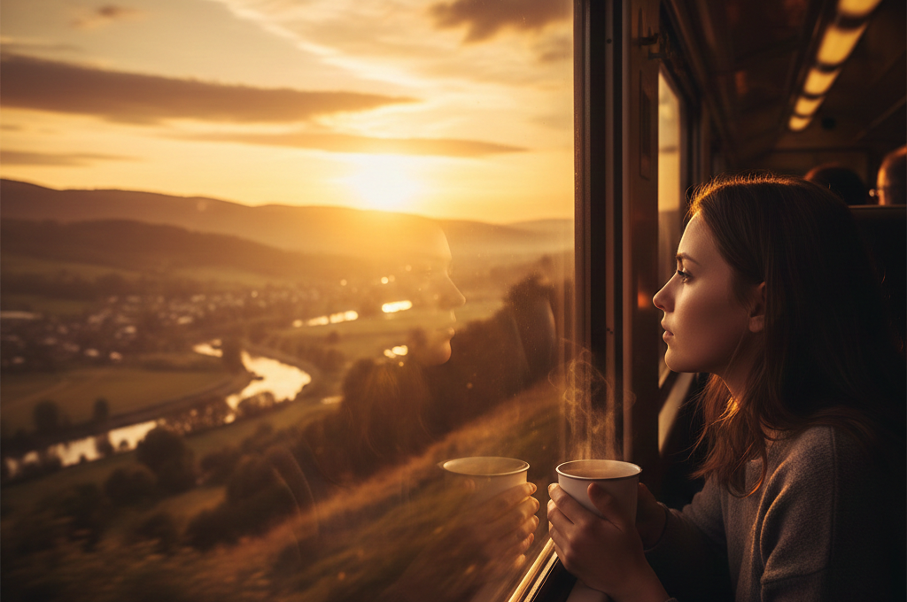 Traveler enjoying peaceful travel time while looking out of a train window at sunset