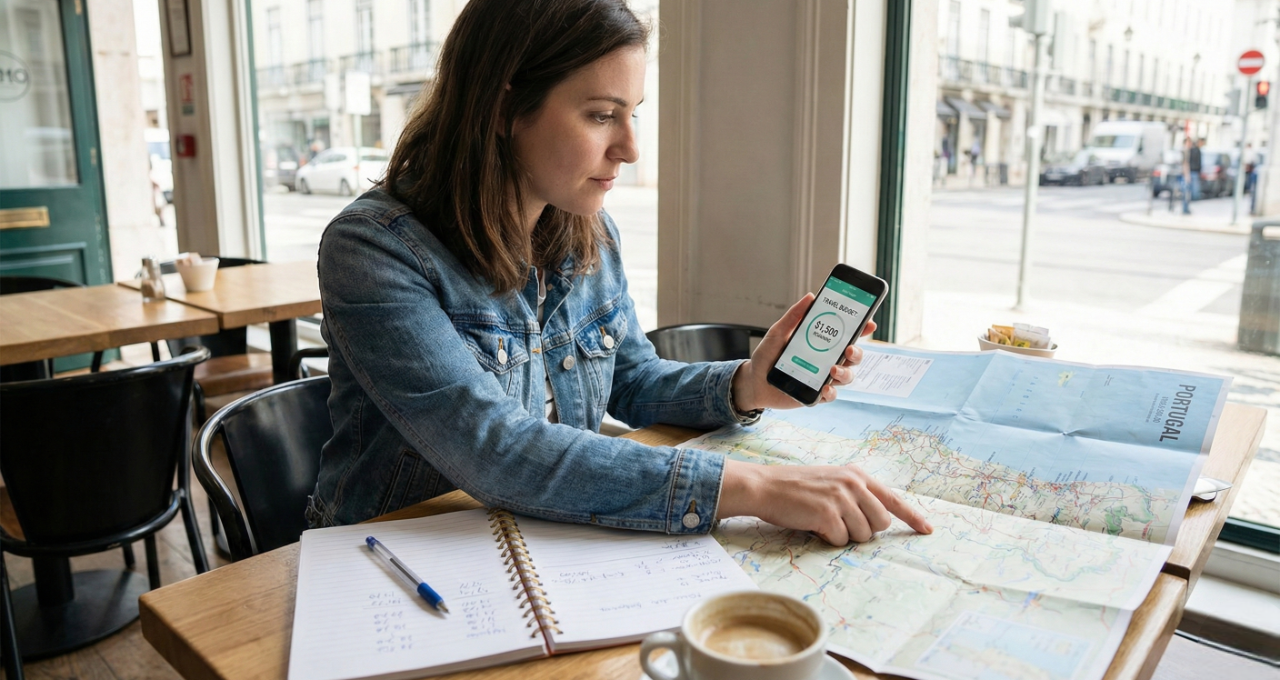 Traveller reviewing travel expenses with maps and a phone.