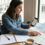 Traveller reviewing travel expenses with maps and a phone.