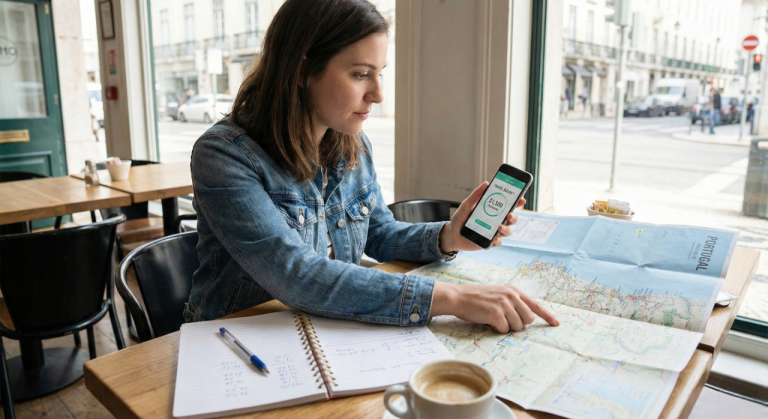 Traveller reviewing travel expenses with maps and a phone.