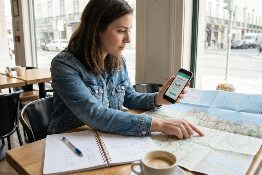 Traveller reviewing travel expenses with maps and a phone.