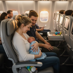 Parents travelling with a baby on an airplane during a family trip