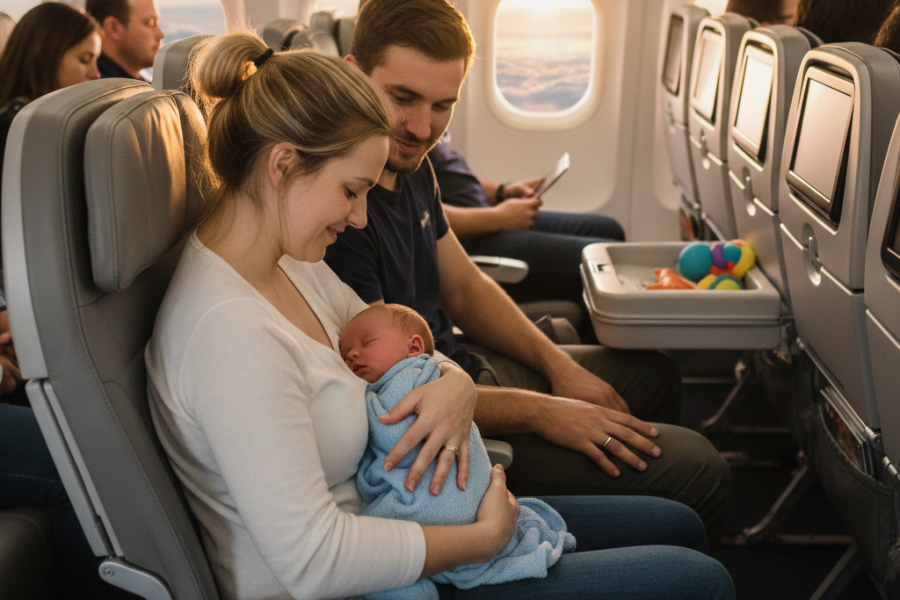 Parents travelling with a baby on an airplane during a family trip