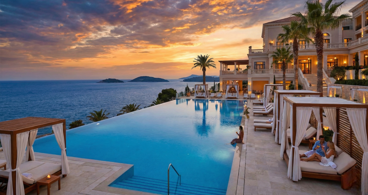 Luxury hotel pool offering premium comfort for less.