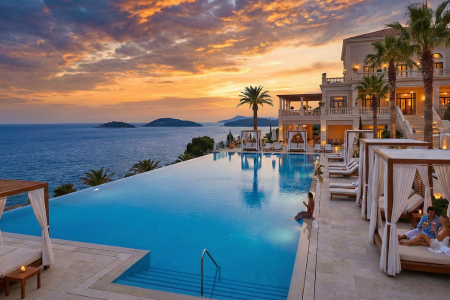 Luxury hotel pool offering premium comfort for less.