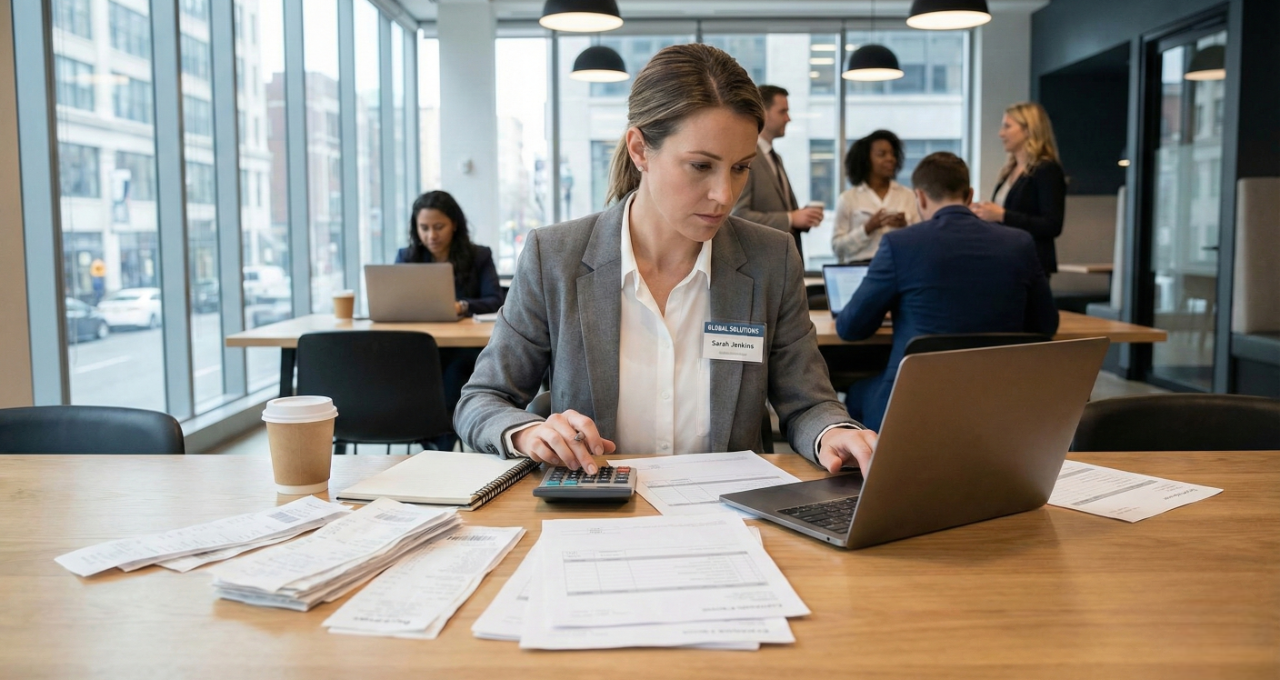 Employee arranging documents for travel reimbursement.
