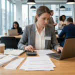 Employee arranging documents for travel reimbursement.