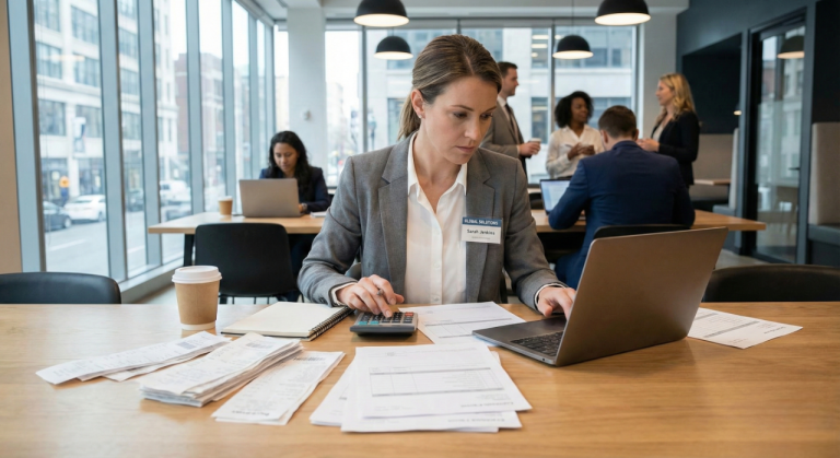 Employee arranging documents for travel reimbursement.
