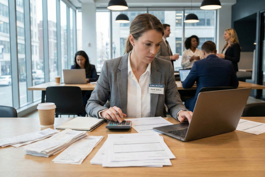 Employee arranging documents for travel reimbursement.