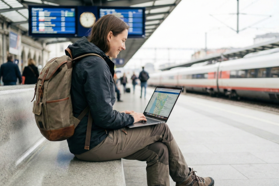Flashpacker traveler carrying backpack and tech gear.