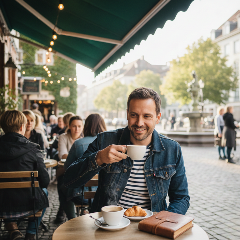 Solo male traveller relaxing at a café during a peaceful solo trip.