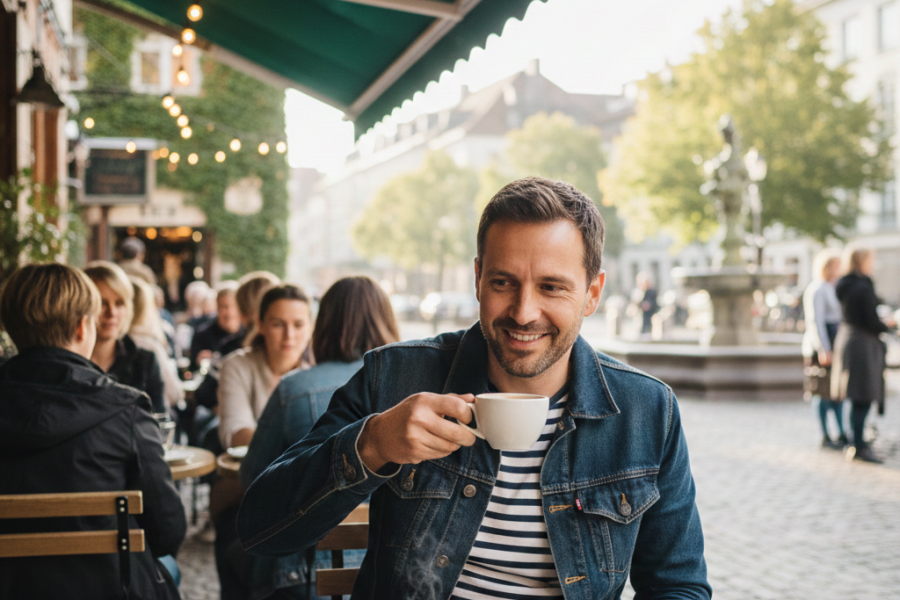 Solo male traveller relaxing at a café during a peaceful solo trip.